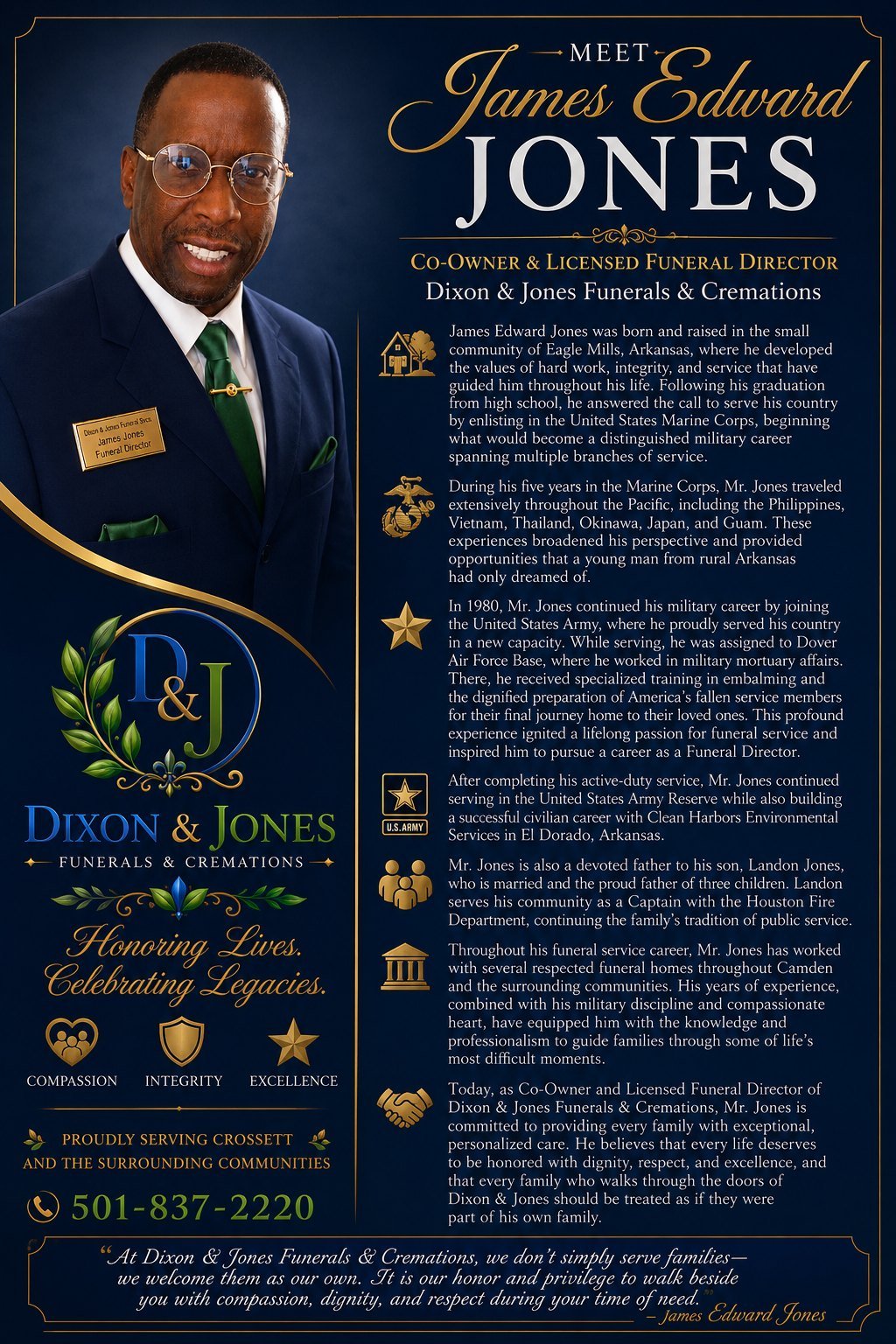 Introduction of James Edward Jones, co-owner and licensed funeral director of Dixon & Jones Funerals & Cremations.