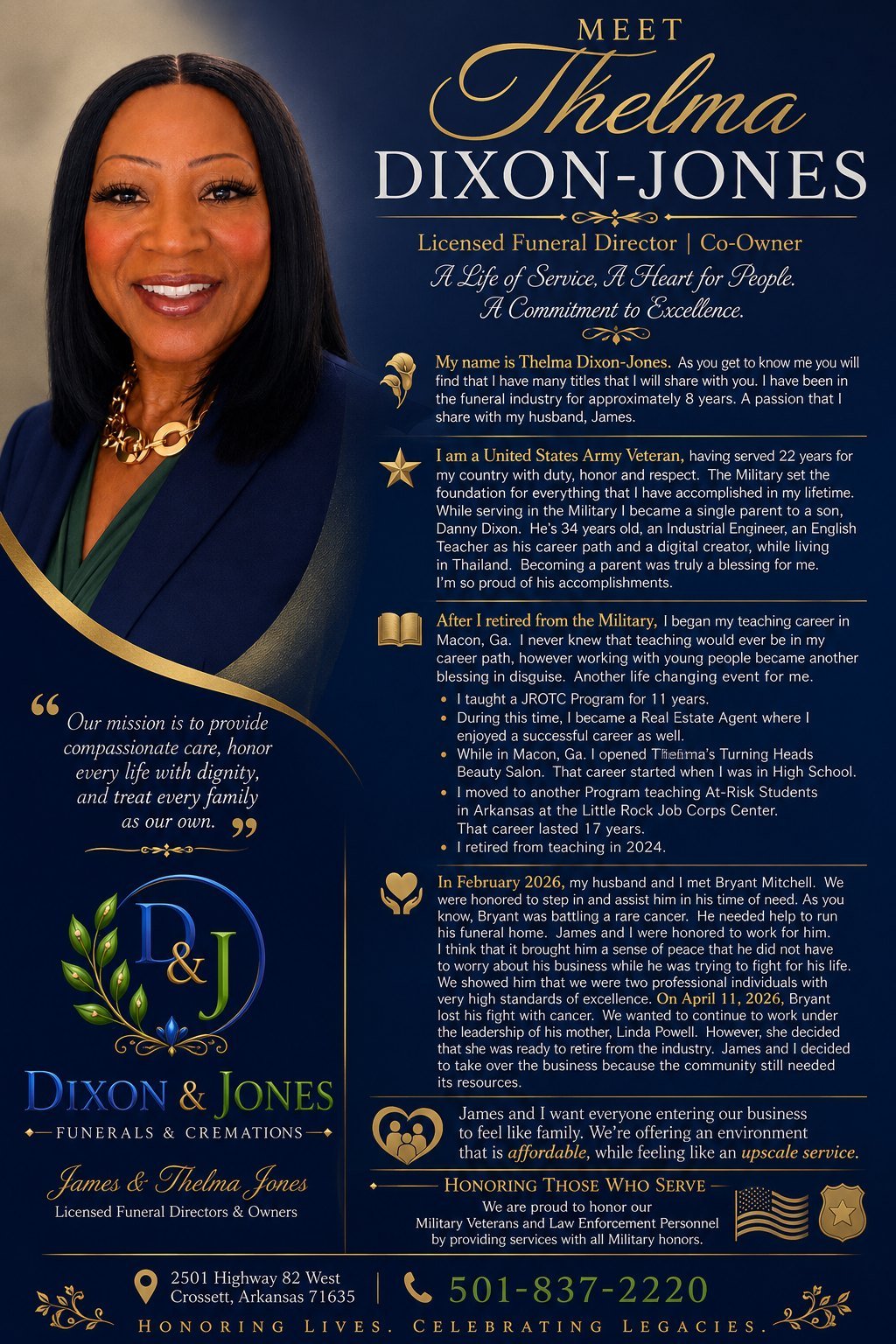 Introduction of Thelma Dixon-Jones, licensed funeral director and co-owner of Dixon & Jones Funerals & Cremations.