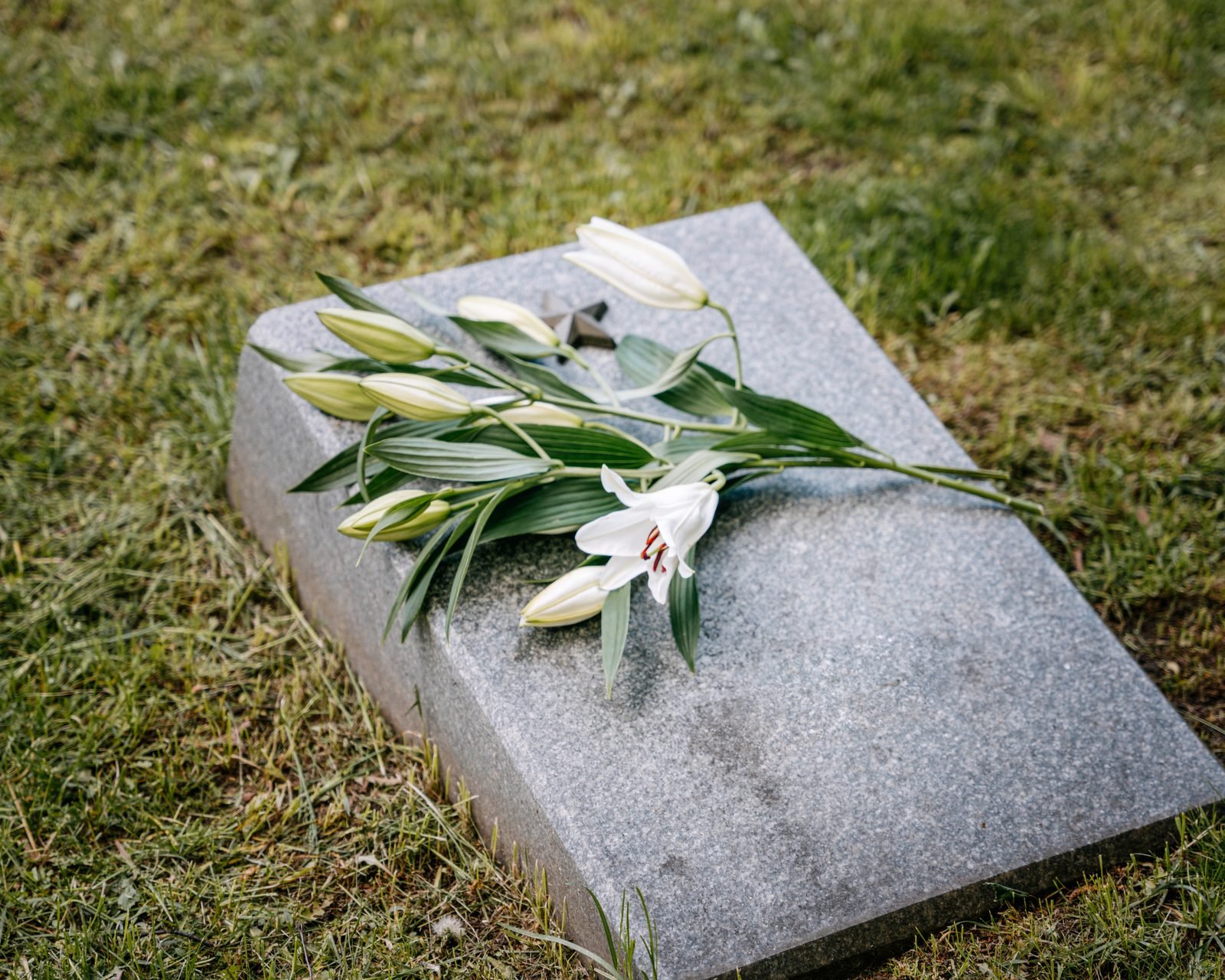White lilies laid across a stone marker.
